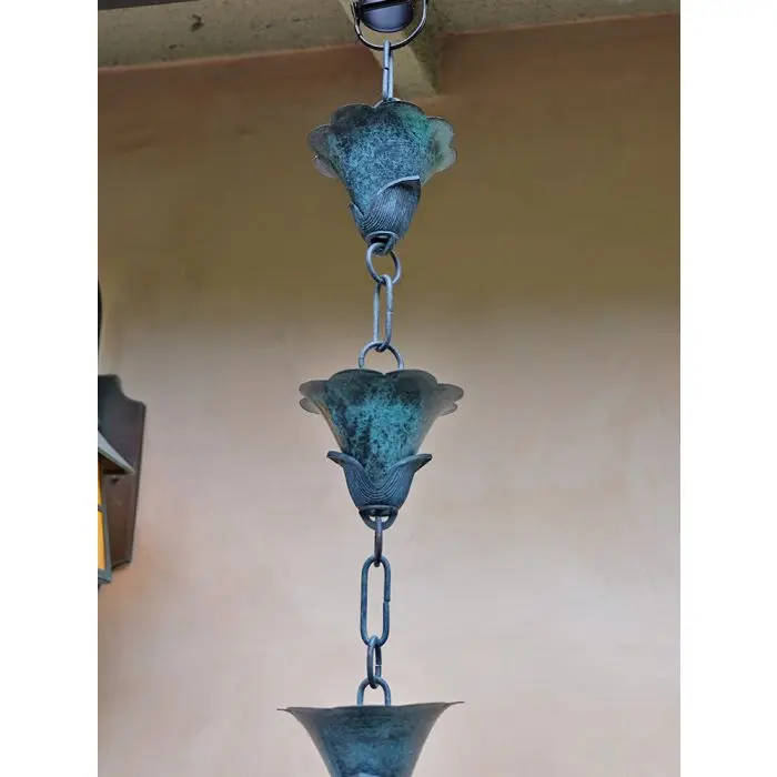 Rain Chain Copper Flower Kanji Cups #1 with Patina - Image 3