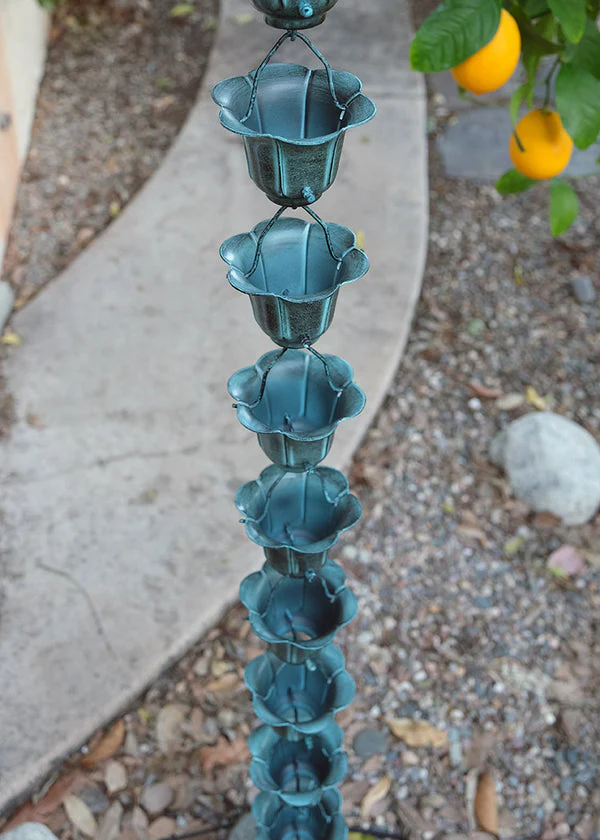 Rain Chain Flower Cups in Patina